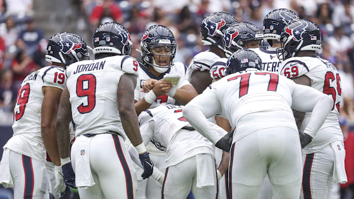 Sep 17, 2023; Houston, Texas, USA; Houston Texans quarterback C.J. Stroud (7) in the huddle during