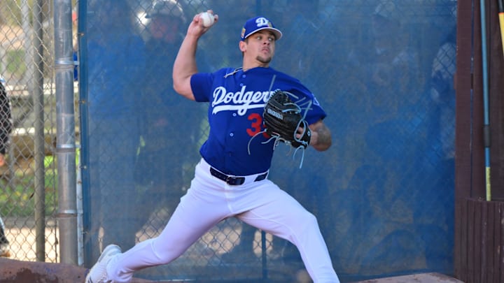 Feb 17, 2026; Glendale, AZ, USA; Los Angeles Dodgers pitcher Gavin Stone  (35) throws during a Spring Training workout at Camelback Ranch. Mandatory Credit: Matt Kartozian-Imagn Images