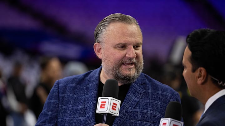 Oct 23, 2024; Philadelphia, Pennsylvania, USA; Philadelphia 76ers president of basketball operations Daryl Morey is interviewed before a game against the Milwaukee Bucks at Wells Fargo Center. Mandatory Credit: Bill Streicher-Imagn Images
