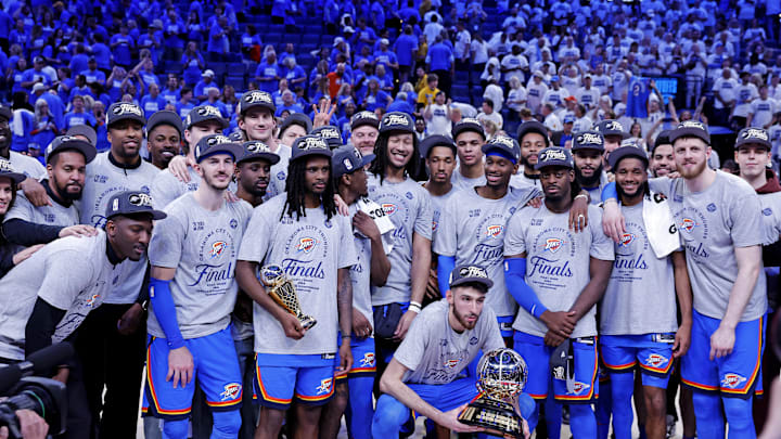 May 28, 2025; Oklahoma City, Oklahoma, USA; The Oklahoma City Thunder celebrates after beating the Minnesota Timberwolves in game five to win the western conference finals for the 2025 NBA Playoffs at Paycom Center. Mandatory Credit: Alonzo Adams-Imagn Images May 28, 2025; Oklahoma City, Oklahoma, USA; The Oklahoma City Thunder celebrates after beating the Minnesota Timberwolves in game five to win the western conference finals for the 2025 NBA Playoffs at Paycom Center. Mandatory Credit: Alonzo Adams-Imagn Images
