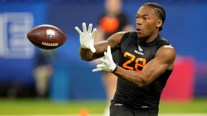 Mar 1, 2025; Indianapolis, IN, USA; Virginia Tech wideout Jaylin Lane (WO28) during the 2025 NFL Combine at Lucas Oil Stadium. Mandatory Credit: Kirby Lee-Imagn Images Mar 1, 2025; Indianapolis, IN, USA; Virginia Tech wideout Jaylin Lane (WO28) during the 2025 NFL Combine at Lucas Oil Stadium. Mandatory Credit: Kirby Lee-Imagn Images