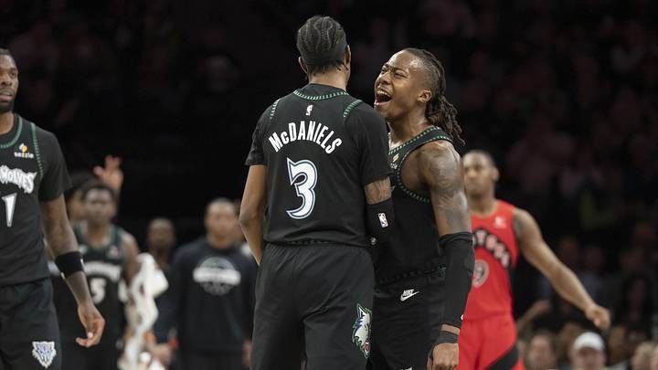 Mar 5, 2026; Minneapolis, Minnesota, USA; Minnesota Timberwolves forward Jaden McDaniels (3) and Minnesota Timberwolves guard Ayo Dosunmu (13) celebrate making a shot against the Toronto Raptors in the second half at Target Center. Mandatory Credit: Jesse Johnson-Imagn Images Mar 5, 2026; Minneapolis, Minnesota, USA; Minnesota Timberwolves forward Jaden McDaniels (3) and Minnesota Timberwolves guard Ayo Dosunmu (13) celebrate making a shot against the Toronto Raptors in the second half at Target Center. Mandatory Credit: Jesse Johnson-Imagn Images