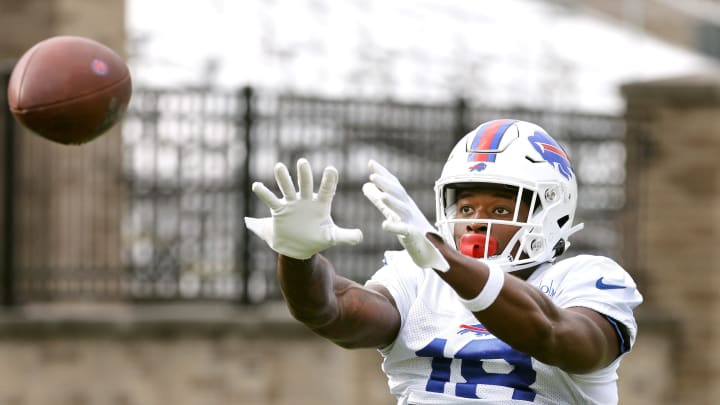 Bills receiver Justin Shorter catching passes during training camp. Bills receiver Justin Shorter catching passes during training camp.