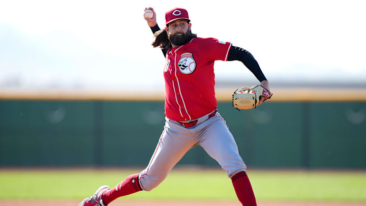 Cincinnati Reds pitcher Tejay Anton throws live batting practice during spring training workouts, Saturday, Feb. 17, 2024, at the team's spring training facility in Goodyear, Ariz.