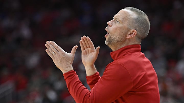 Nov 4, 2024; Louisville, Kentucky, USA;  Louisville Cardinals head coach Pat Kelsey reacts during the second half against the Morehead State Eagles at KFC Yum! Center.