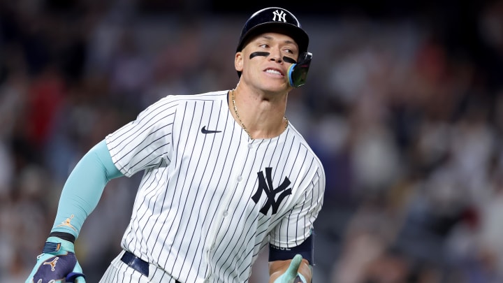 Jul 2, 2024; Bronx, New York, USA; New York Yankees designated hitter Aaron Judge (99) rounds the bases after hitting a solo home run against the Cincinnati Reds during the seventh inning at Yankee Stadium. Mandatory Credit: Brad Penner-USA TODAY Sports