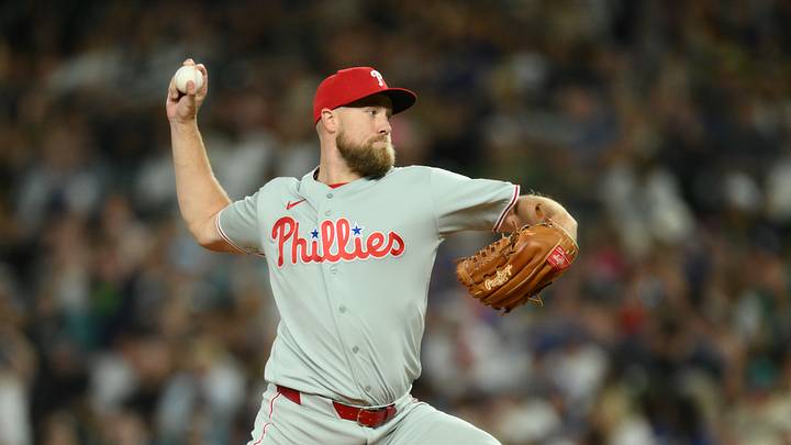 Aug 25, 2026; Seattle, Washington, USA; Philadelphia Phillies relief pitcher Jonathan Bowlan (52) pitches to the Seattle Mariners during the eighth inning at T-Mobile Park. Mandatory Credit: Steven Bisig-Imagn Images