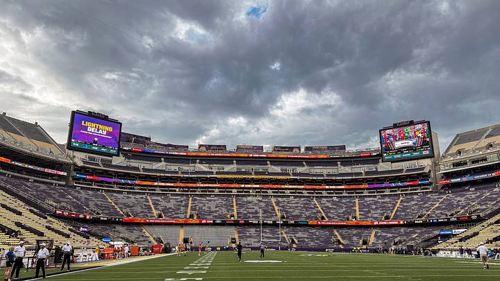 Sep 5, 2026; Baton Rouge, Louisiana, USA;  There is a lightning delay before the game between the LSU Tigers and the Clemson Tigers at Tiger Stadium.  Mandatory Credit: Stephen Lew-Imagn Images