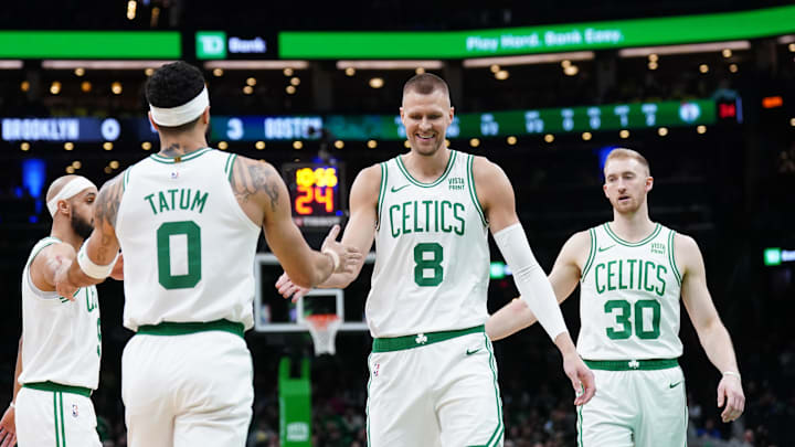 Feb 14, 2024; Boston, Massachusetts, USA; Boston Celtics center Kristaps Porzingis (8) and forward
