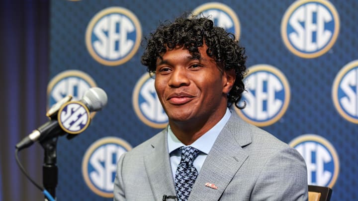 Jul 14, 2025; Atlanta, GA, USA; Ole Miss Rebels quarterback Austin Simmons answers media questions during SEC Media Day at Omni Atlanta Hotel. Mandatory Credit: Jordan Godfree-Imagn Images