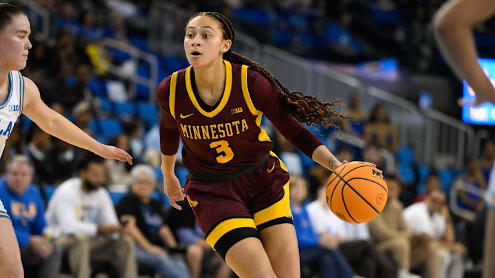 Feb 2, 2025; Los Angeles, California, USA; Minnesota Golden Gophers guard Amaya Battle (3) dribbles the ball during the second quarter against the UCLA Bruins at Pauley Pavilion presented by Wescom. Mandatory Credit: Robert Hanashiro-Imagn Images