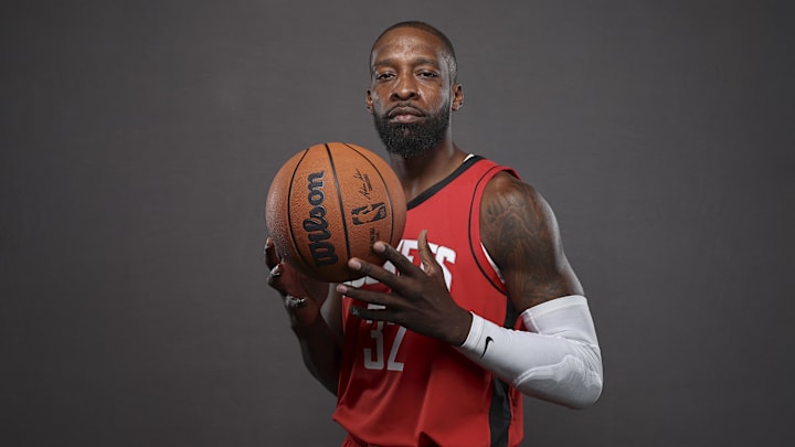 Sep 30, 2024; Houston, TX, USA; Houston Rockets forward Jeff Green (32) during Houston Rockets media day. Mandatory Credit: Troy Taormina-Imagn Images