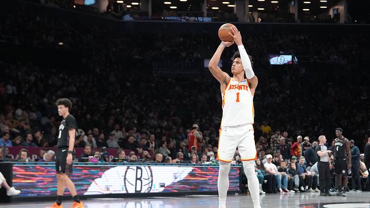 Apr 3, 2026; Brooklyn, New York, USA; Atlanta Hawks forward Jalen Johnson (1) shoots a technical foul against the Brooklyn Nets during the second half at Barclays Center. Mandatory Credit: Gregory Fisher-Imagn Images Apr 3, 2026; Brooklyn, New York, USA; Atlanta Hawks forward Jalen Johnson (1) shoots a technical foul against the Brooklyn Nets during the second half at Barclays Center. Mandatory Credit: Gregory Fisher-Imagn Images