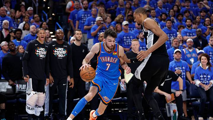 May 30, 2026; Oklahoma City, Oklahoma, USA; Oklahoma City Thunder center Chet Holmgren (7) drives against San Antonio Spurs forward Victor Wembanyama (1) in the fourth quarter during game seven of the western conference finals for the 2026 NBA playoffs at Paycom Center. Mandatory Credit: Alonzo Adams-Imagn Images May 30, 2026; Oklahoma City, Oklahoma, USA; Oklahoma City Thunder center Chet Holmgren (7) drives against San Antonio Spurs forward Victor Wembanyama (1) in the fourth quarter during game seven of the western conference finals for the 2026 NBA playoffs at Paycom Center. Mandatory Credit: Alonzo Adams-Imagn Images