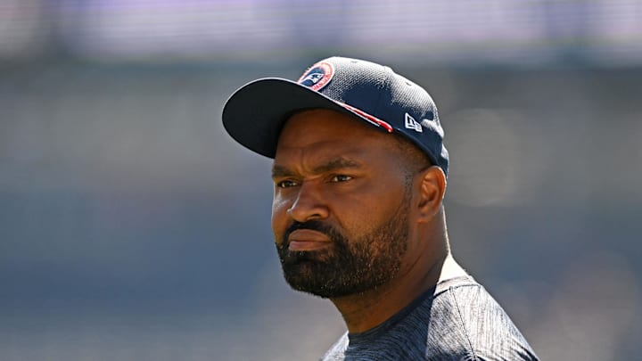 Sep 15, 2024; Foxborough, Massachusetts, USA; New England Patriots head coach Jerod Mayo watches warmups before a game against the Seattle Seahawks at Gillette Stadium. Mandatory Credit: Brian Fluharty-Imagn Images