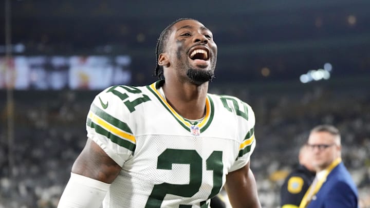 Sep 11, 2025; Green Bay, Wisconsin, USA; Green Bay Packers cornerback Nate Hobbs (21) celebrates after defeating the Washington Commanders at Lambeau Field. Mandatory Credit: Jeff Hanisch-Imagn Images Sep 11, 2025; Green Bay, Wisconsin, USA; Green Bay Packers cornerback Nate Hobbs (21) celebrates after defeating the Washington Commanders at Lambeau Field. Mandatory Credit: Jeff Hanisch-Imagn Images