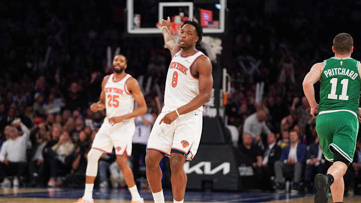 Apr 9, 2026; New York, New York, USA; New York Knicks forward OG Anunoby (8) celebrates after hitting a three pointer during the first half against the Boston Celtics at Madison Square Garden. Mandatory Credit: Lucas Boland-Imagn Images Apr 9, 2026; New York, New York, USA; New York Knicks forward OG Anunoby (8) celebrates after hitting a three pointer during the first half against the Boston Celtics at Madison Square Garden. Mandatory Credit: Lucas Boland-Imagn Images