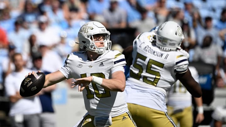 Oct 12, 2024; Chapel Hill, North Carolina, USA;  Georgia Tech Yellow Jackets quarterback Haynes King (10) looks to pass in the first quarter at Kenan Memorial Stadium. Mandatory Credit: Bob Donnan-Imagn Images