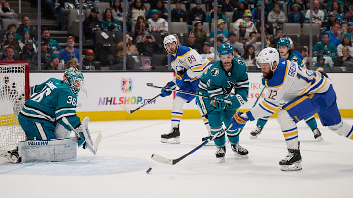 Jan 27, 2024; San Jose, California, USA; Buffalo Sabres left wing Jordan Greenway (12) shoots the