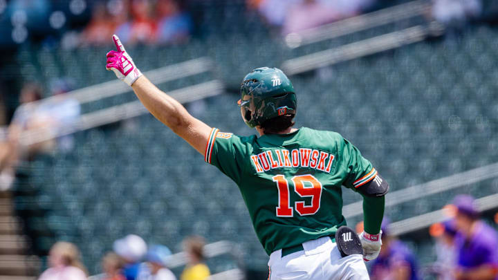 May 23, 2024; Charlotte, NC, USA; Miami (Fl) Hurricanes outfielder Jake Kulikowski (19) celebrates a home run against the Clemson Tigers in the ninth inning during the ACC Baseball Tournament at Truist Field. Mandatory Credit: Scott Kinser-Imagn Images