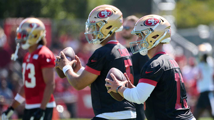 San Francisco 49ers quarterbacks Brock Purdy (13) and Trey Lance (5)