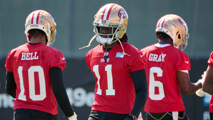 Jul 27, 2023; Santa Clara, CA, USA; San Francisco 49ers wide receiver Brandon Aiyuk (11) walks on the field during training camp at the SAP Performance Facility. Mandatory Credit: Robert Edwards-USA TODAY Sports