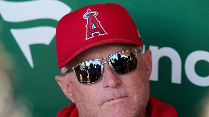 Los Angeles Angels manager Phil Nevin (88) talks to the media before the game against the Oakland Athletics at Oakland-Alameda County Coliseum on Sept 3.