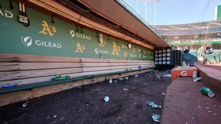 Sep 24, 2023; Oakland, California, USA; A general view of the Oakland Athletics dugout after the game against the Detroit Tigers at Oakland-Alameda County Coliseum. Mandatory Credit: Robert Edwards-USA TODAY Sports Sep 24, 2023; Oakland, California, USA; A general view of the Oakland Athletics dugout after the game against the Detroit Tigers at Oakland-Alameda County Coliseum. Mandatory Credit: Robert Edwards-USA TODAY Sports