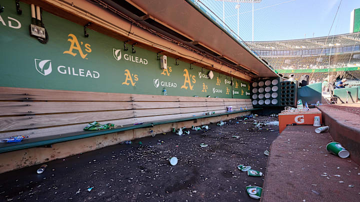 Sep 24, 2023; Oakland, California, USA; A general view of the Oakland Athletics dugout after the game against the Detroit Tigers at Oakland-Alameda County Coliseum. Mandatory Credit: Robert Edwards-Imagn Images Sep 24, 2023; Oakland, California, USA; A general view of the Oakland Athletics dugout after the game against the Detroit Tigers at Oakland-Alameda County Coliseum. Mandatory Credit: Robert Edwards-Imagn Images