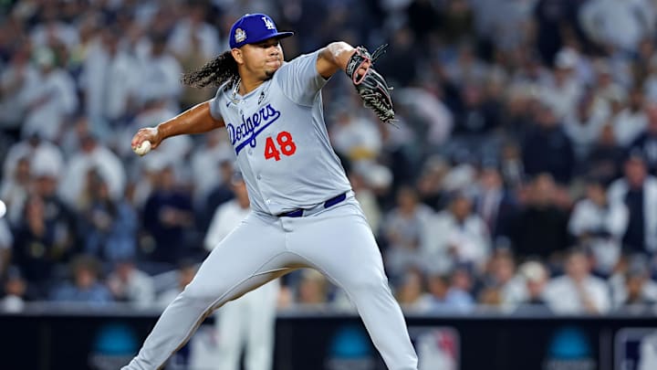 Oct 30, 2024; New York, New York, USA; Los Angeles Dodgers pitcher Brusdar Graterol (48) pitches during the sixth inning against the New York Yankees in game four of the 2024 MLB World Series at Yankee Stadium. Mandatory Credit: Brad Penner-Imagn Images
