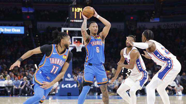 Mar 19, 2025; Oklahoma City, Oklahoma, USA; Oklahoma City Thunder forward Jaylin Williams (6) passes against the Philadelphia 76ers during the second half at Paycom Center. Mandatory Credit: Alonzo Adams-Imagn Images