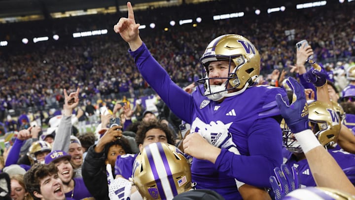 Nov 25, 2023; Seattle, Washington, USA; Washington Huskies place kicker Grady Gross (95) celebrates after making a game-winning field goal against the Washington State Cougars during the fourth quarter at Alaska Airlines Field at Husky Stadium. Mandatory Credit: Joe Nicholson-USA TODAY Sports