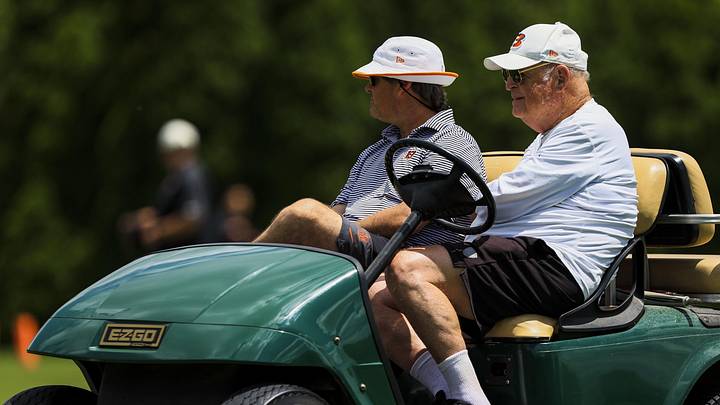 Jun 16, 2026; Cincinnati, OH, USA; Cincinnati Bengals owner, Mike Brown, looks on during minicamp at Kettering Health Practice Fields. Mandatory Credit: Katie Stratman-Imagn Images