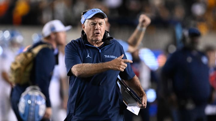 Oct 17, 2025; Berkeley, California, USA; North Carolina Tar Heels head coach Bill Belichick reacts against the California Golden Bears in the first quarter at California Memorial Stadium. Mandatory Credit: Eakin Howard-Imagn Images