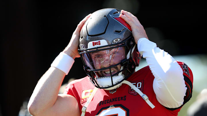 Tampa Bay Buccaneers quarterback Baker Mayfield (6) warms up before a game against the Arizona Cardinals Tampa Bay Buccaneers quarterback Baker Mayfield (6) warms up before a game against the Arizona Cardinals
