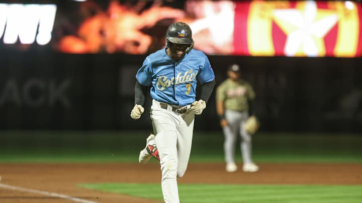 Amarillo Sod Poodles Kristian Robinson (3) heads home after a home run in a Texas League Championship game against the Arkansas Travelers, Wednesday night, September 27, 2023, at Hodgetown, in Amarillo, Texas. The Amarillo Sod Poodles won 9-1. Amarillo Sod Poodles Kristian Robinson (3) heads home after a home run in a Texas League Championship game against the Arkansas Travelers, Wednesday night, September 27, 2023, at Hodgetown, in Amarillo, Texas. The Amarillo Sod Poodles won 9-1.
