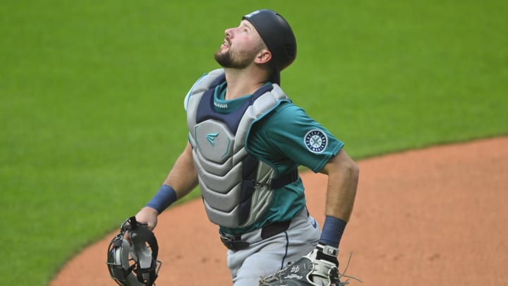 Seattle Mariners catcher Cal Raleigh (29) looks for a foul ball in the first inning against the Cleveland Guardians at Progressive Field on June 18.