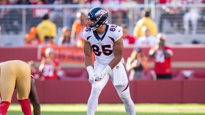 August 19, 2023; Santa Clara, California, USA; Denver Broncos tight end Albert Okwuegbunam (85) during the second quarter against the San Francisco 49ers at Levi's Stadium. Mandatory Credit: Kyle Terada-Imagn Images