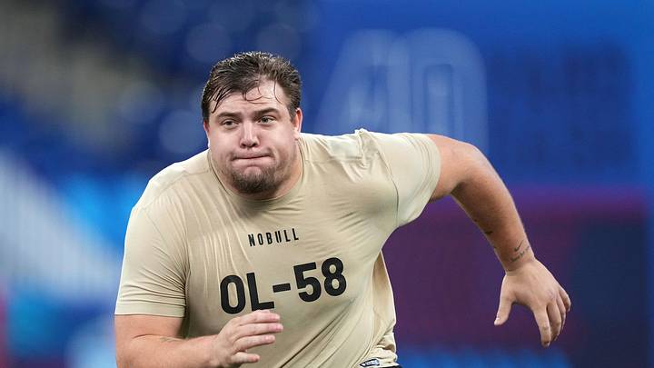 Mar 3, 2024; Indianapolis, IN, USA; Oregon offensive lineman Jackson Powers-Johnson (OL58) during Mar 3, 2024; Indianapolis, IN, USA; Oregon offensive lineman Jackson Powers-Johnson (OL58) during