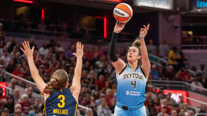 Chicago Sky guard Marina Mabrey shoots a three-point shot on Sunday June 16, 2024, during the game at Gainbridge Fieldhouse.