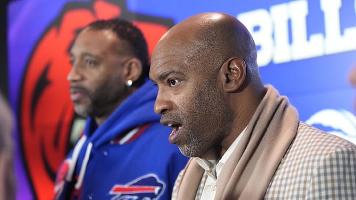 Mar 3, 2026; Toronto, Ontario, CAN; Former Toronto Raptors and Buffalo Bills minority owners Vince Carter (right) and Tracy McGrady (left) talk to the media before a game between the New York Knicks and Toronto Raptors the at Scotiabank Arena. Mandatory Credit: John E. Sokolowski-Imagn Images
