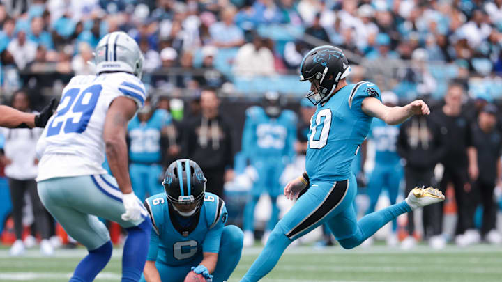 Oct 12, 2025; Charlotte, North Carolina, USA; Carolina Panthers kicker Ryan Fitzgerald (10) kicks a field goal during the first quarter against the Dallas Cowboys at Bank of America Stadium. Mandatory Credit: Scott Kinser-Imagn Images