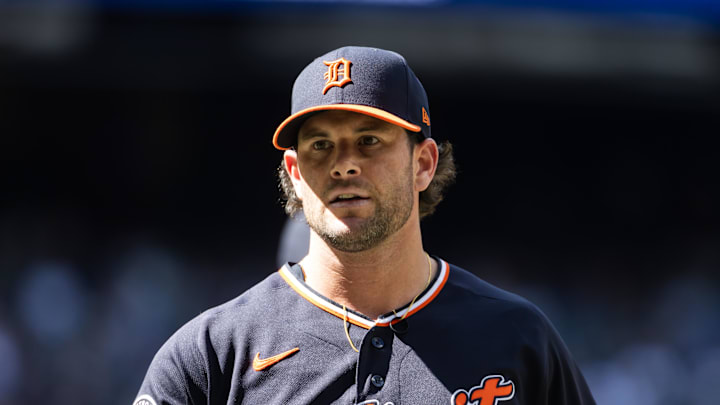 Apr 1, 2026; Phoenix, Arizona, USA; Detroit Tigers pitcher Kyle Finnegan against the Arizona Diamondbacks at Chase Field. Mandatory Credit: Mark J. Rebilas-Imagn Images