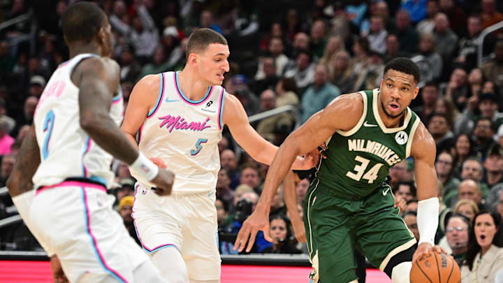 Jan 23, 2025; Milwaukee, Wisconsin, USA; Milwaukee Bucks forward Giannis Antetokounmpo (34) handles the ball during the second quarter against the Miami Heat at Fiserv Forum. Mandatory Credit: Benny Sieu-Imagn Images