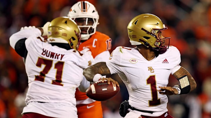 Oct 17, 2024; Blacksburg, Virginia, USA; Boston College Eagles quarterback Thomas Castellanos (1) throws a pass during the first quarter against the Virginia Tech Hokies at Lane Stadium. Mandatory Credit: Peter Casey-Imagn Images