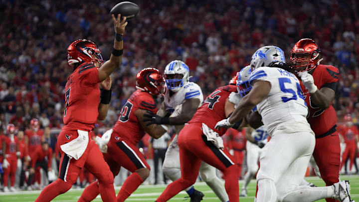 Nov 10, 2024; Houston, Texas, USA; Houston Texans quarterback C.J. Stroud (7) passes against the Detroit Lions in the second half at NRG Stadium. Mandatory Credit: Thomas B. Shea-Imagn Images