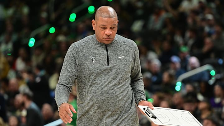 Apr 27, 2025; Milwaukee, Wisconsin, USA; Milwaukee Bucks head coach Doc Rivers call a timeout in the fourth quarter against the Indiana Pacers during game four of first round for the 2024 NBA Playoffs at Fiserv Forum. Mandatory Credit: Benny Sieu-Imagn Images Apr 27, 2025; Milwaukee, Wisconsin, USA; Milwaukee Bucks head coach Doc Rivers call a timeout in the fourth quarter against the Indiana Pacers during game four of first round for the 2024 NBA Playoffs at Fiserv Forum. Mandatory Credit: Benny Sieu-Imagn Images