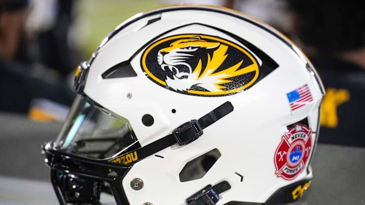 Sep 9, 2023; Columbia, Missouri, USA; A general view of a Missouri Tigers helmet against the Middle Tennessee Blue Raiders during the second half at Faurot Field at Memorial Stadium. Mandatory Credit: Denny Medley-Imagn Images