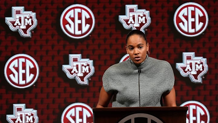 Texas A&M head coach Joni Taylor speaks during SEC Media Day at the Grand Bohemian Hotel in Mountain Brook Tuesday, Oct. 16, 2024.