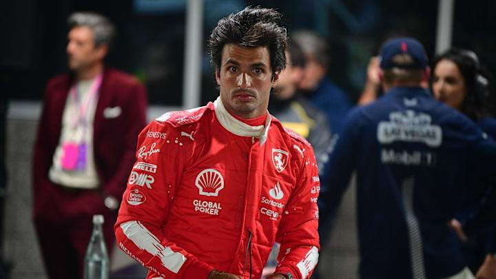 Nov 17, 2023; Las Vegas, Nevada, USA; Scuderia Ferrari driver Carlos Sainz Jr. of Spain (55) reacts after qualifying second at Las Vegas Strip Circuit. Mandatory Credit: Gary A. Vasquez-Imagn Images
